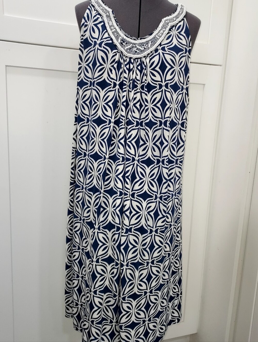 Apt. 9 Navy & White Geometric Sleeveless Dress with Beaded Neckline